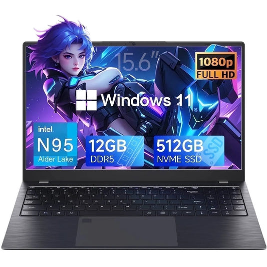 15.6" Windows 11 Laptop,12Gb DDR5 512GB SSD, Intel N95 with 4 Cores up to 3.4Ghz, with Office 2024, 1080 FHD IPS Display Wifi5 BT5.0 Fingerprint for Student, Home Office, Business, Black