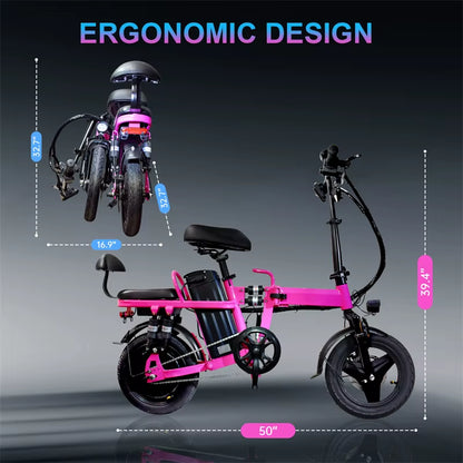 Pink Electric Bike for Adults and Women 20MPH Folding Ebike 48V 20Ah Battery 14" Folding Electric Bicycle for Commuter and Teens