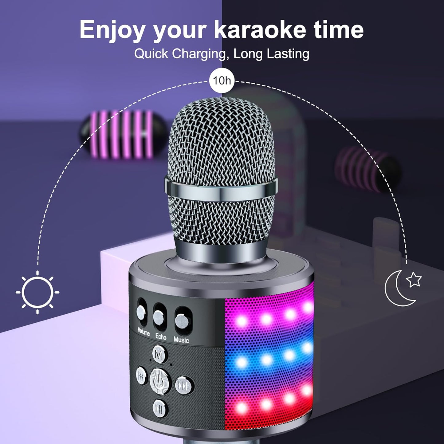 Karaoke Microphone for Kids & Adults - Bluetooth Microphones Singing Mic with Disco Lights, Echo Effect, Built-In Speaker Portable Karaoke Player for Party Travel Gifts Q78(Space Gary)