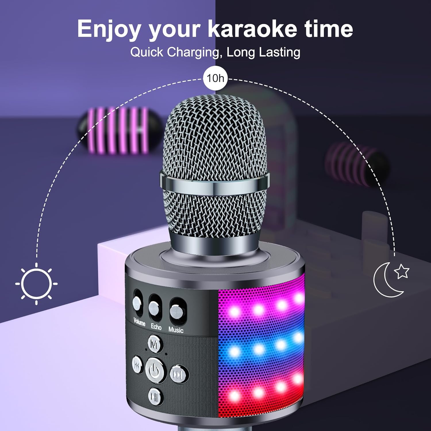 Karaoke Microphone for Kids & Adults - Bluetooth Microphones Singing Mic with Disco Lights, Echo Effect, Built-In Speaker Portable Karaoke Player for Party Travel Gifts Q78(Space Gary)