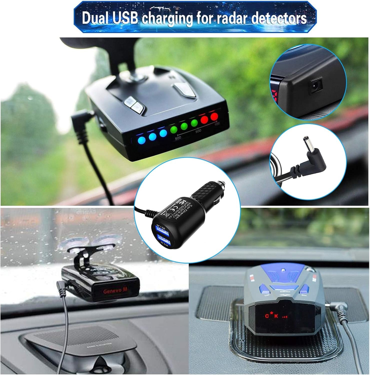 Radar Detector Power Cord,For Unide N Escr T Valentine Beltronics Passport Cobr a Whistler Etc Radar Detector,With Dual USB Port Charger(6.5Ft) (DC3.5)