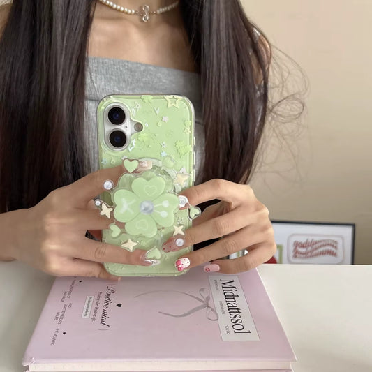 Green Four Leaf Clover Lucky Phone Case for Magsafe Iphone16 15 14 Pro Max Case Cute Luxury Cartoon Cover with Magnetic Holder﻿﻿