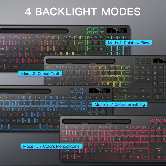 Wireless Keyboard with 7-Color RGB Backlit,  Full-Size Computer Keyboard with Phone Tablet Holder, Rechargeable 2.4G Wireless Gaming Keyboard with Light up Keys, Compatible with Mac,Window,Black