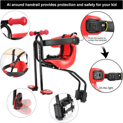 Baby Bike Seat, Front Mount Kids Bike Seat for Toddler with Safety Belt and Handrail, Compatilble with Adult Bike