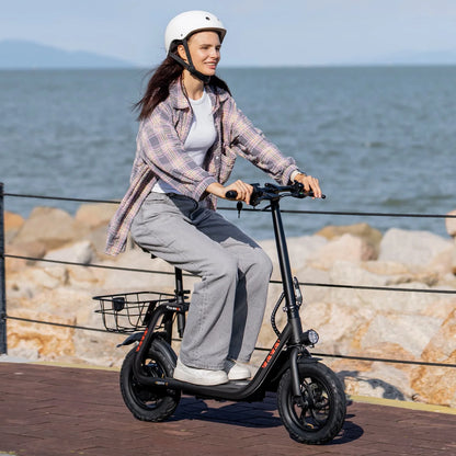 W18S 450W Motor Electric Scooter for Adults with Seat and Carry Basket, 36V 20Miles Range & 15.5Mph, 12" Foldable E Scooter for Commuting