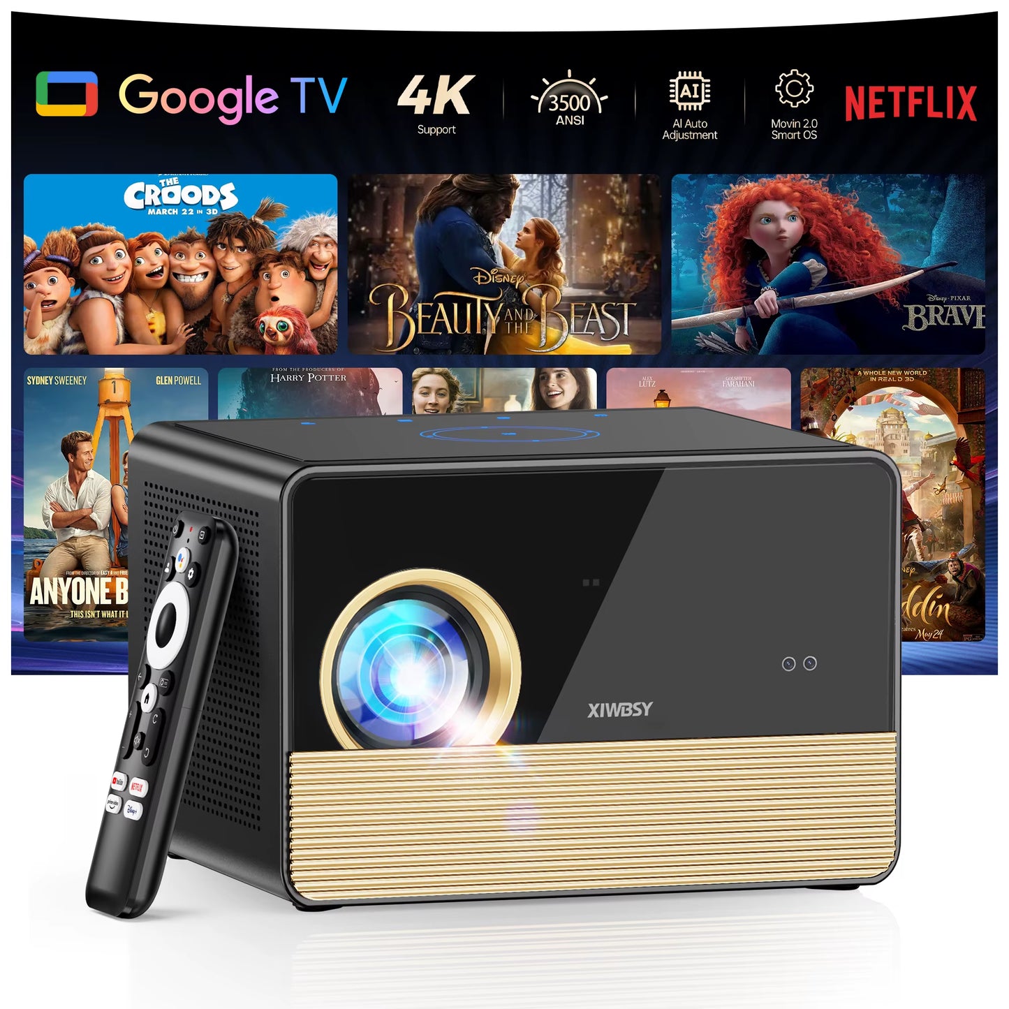 2026 X06 50000Lumens Daylight Projector Full HD 1080P Laser TOF Focus Projector BT5.4 Wifi6 UHD Google TV Projector 4K