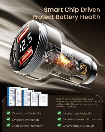 Car Charger 80W Super Fast Charging with USB PD/PPS/QC 3.0(Voltmeter&Led Lights) Universal Quick Charge for 12-24V Car Cigarette Lighter Plug,Compatible with Iphone 15 14 13 12,S22 S21 S20