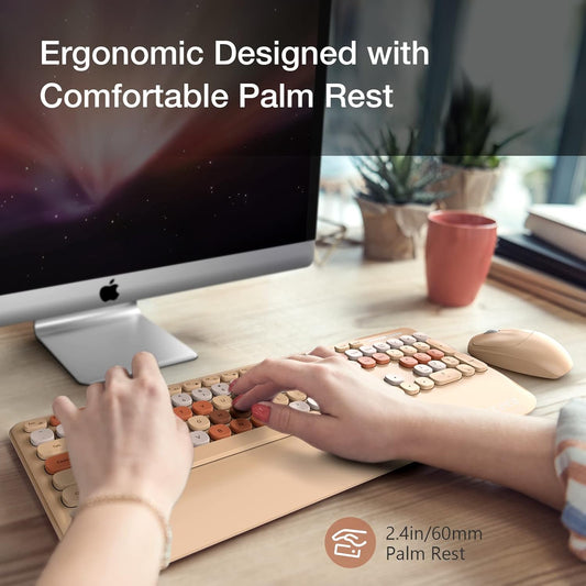 Wireless Keyboard and Mouse Combo Milk Tea Color, 106 Keys Less Noise Full-Size 2.4G Ultra-Slim Colorful Keyboards with Palm Rest, One USB Nano Receiver for Windows/Mac/Laptop/Pc