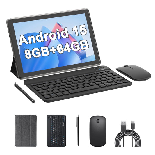 10.1 Inch Android 15 Tablet PC, 2025 Newest Tablet with Keyboard, 8GB+64GB Storage 1TB Expandable, Quad-Core Processor, 8MP Dual Camera, 6000Mah, Wifi, GPS, Bluetooth, 1280X800 IPS Full HD Display
