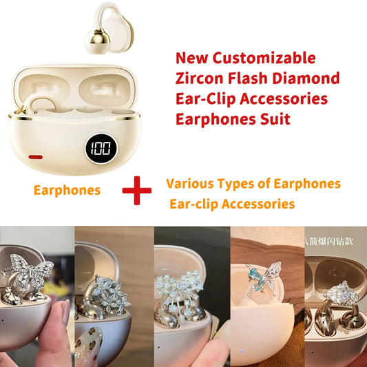 Hi-Fi Stereo Sport Wireless Earbuds Jewelry Clip Customizable Zircon Flash Diamond Ear-Clip Accessories Earphones Suit Girl Gift