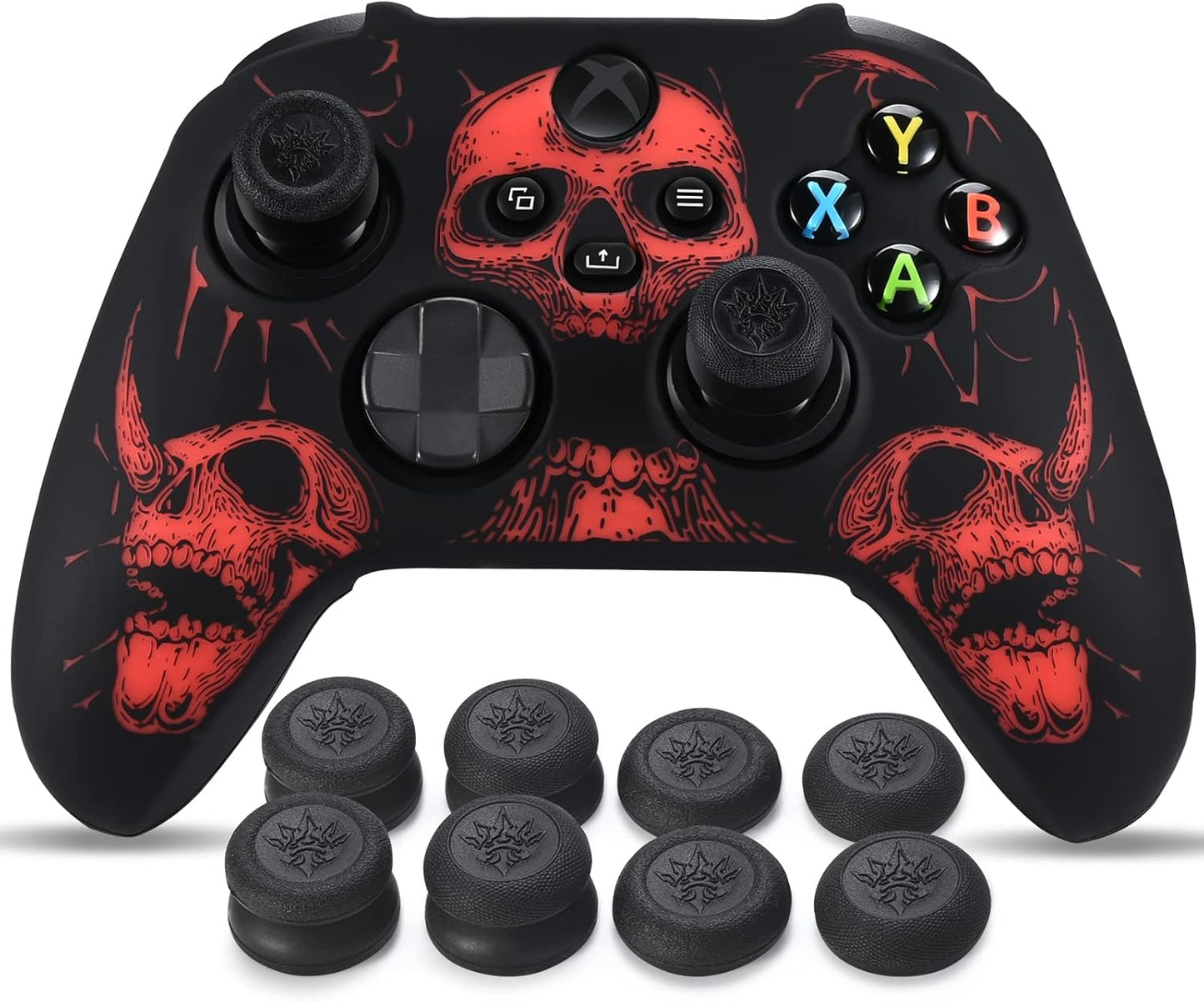 Laser Carving Silicone Skin for Xbox Series X/S Controller X 1(Skulls Red) with Exclusive Thumb Grips X 8