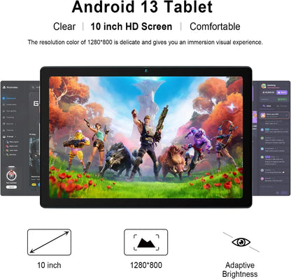 10 Inch Tablet Android 13 Tablets, Quad-Core Tablet PC, 6GB RAM, 64GB ROM, 128GB Expand, 5000Mah, 1280X800 HD Touch Screen, 5MP+8MP, Wifi, Dual Camera - Grey