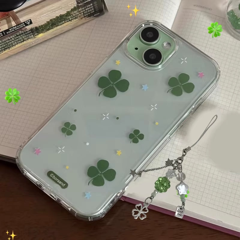 Korean Ins Cute Green Four Leaf Clover Cartoon Luck Phone Case for  17 AIR 16 15 14 13 12 11 Pro XR Max 7 8 plus Y2K Cover