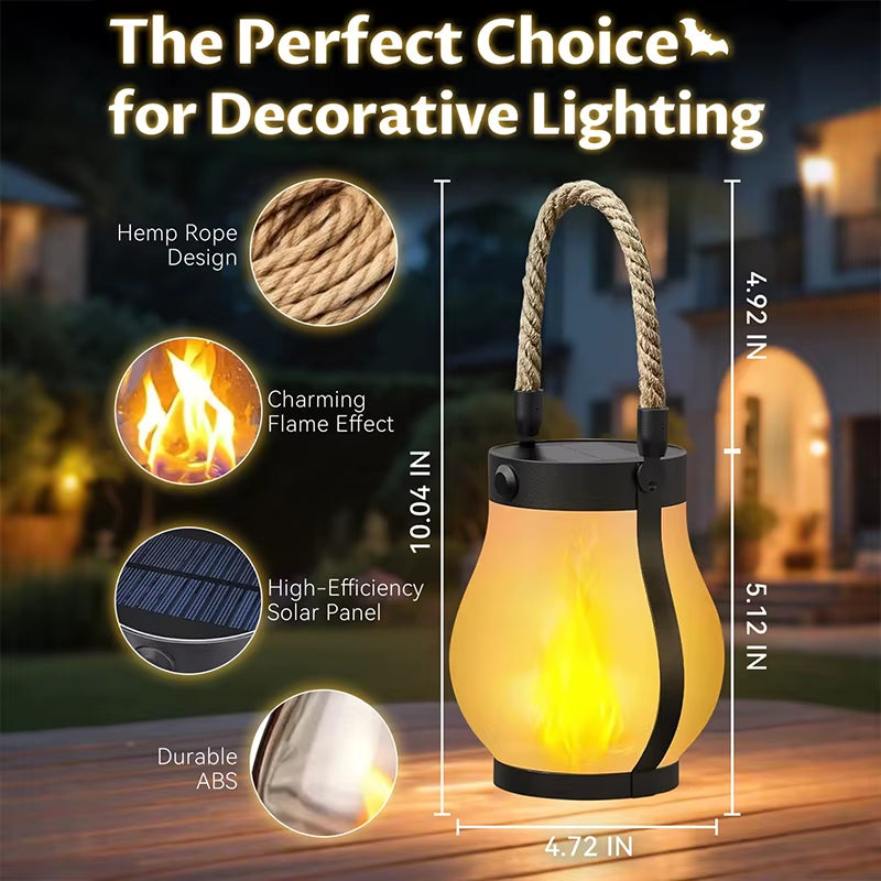 Solar Lantern Outdoor Lights Waterproof Dancing Flame Solar Lantern Hemp Rope Hanging Flame Lanterns for Garden Yard Decorations