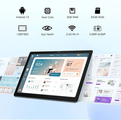 10 Inch Tablet Android 13 Tablets, Quad-Core Tablet PC, 6GB RAM, 64GB ROM, 128GB Expand, 5000Mah, 1280X800 HD Touch Screen, 5MP+8MP, Wifi, Dual Camera - Grey