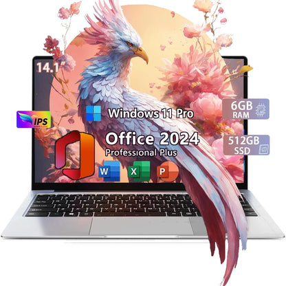 14.1 Inch Lightweight Business Laptop Computer Windows 11 Pro Office 2024 6GB RAM 512GB SSD FHD IPS Display Intel Celeron N4000 for Student, Home Office, Business (Silver)