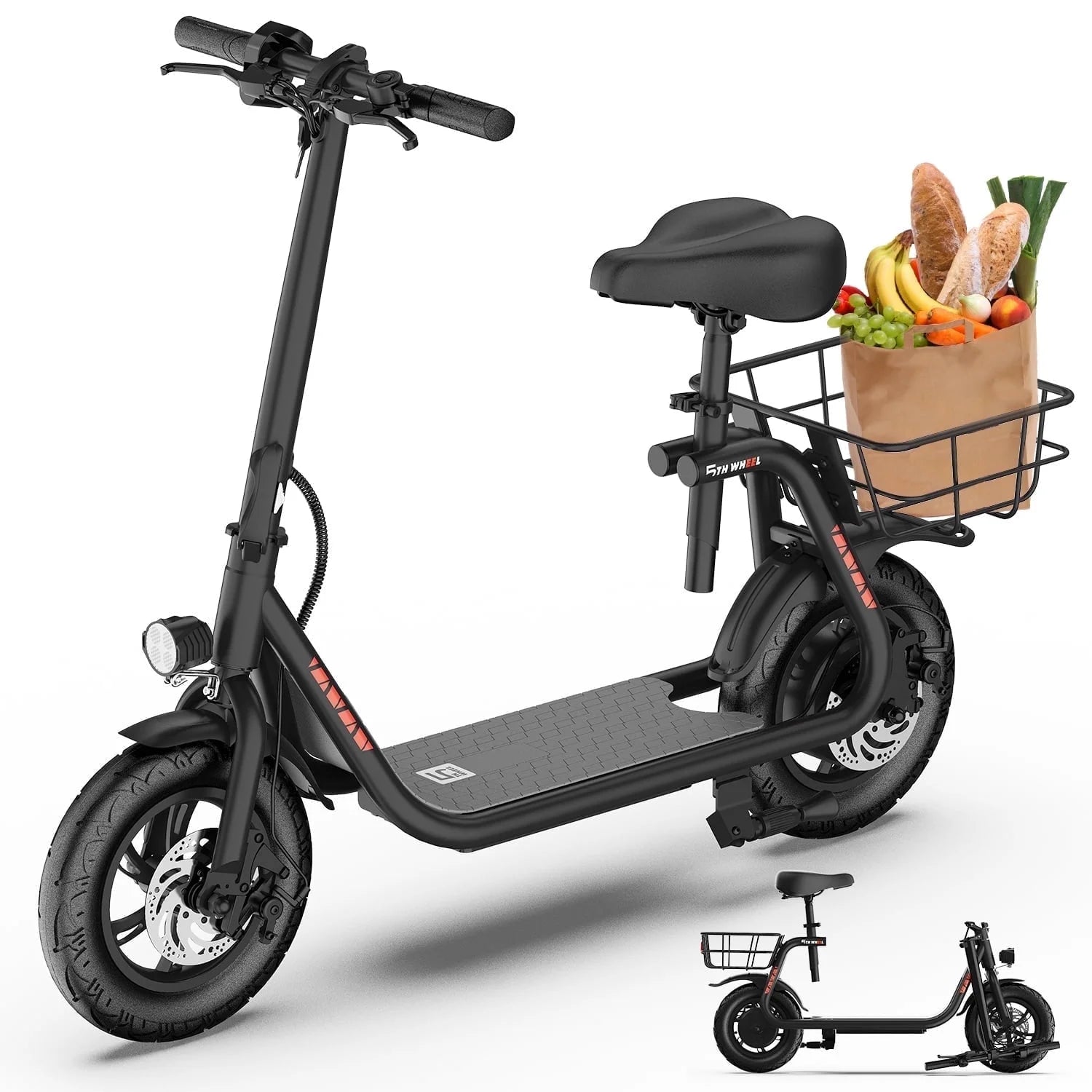 W18S 450W Motor Electric Scooter for Adults with Seat and Carry Basket, 36V 20Miles Range & 15.5Mph, 12" Foldable E Scooter for Commuting