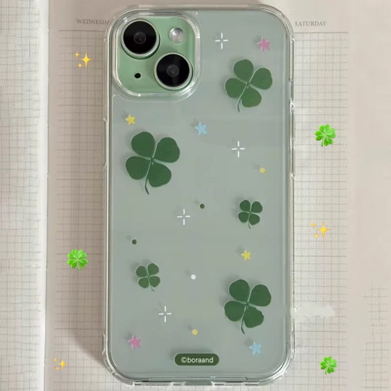 Korean Ins Cute Green Four Leaf Clover Cartoon Luck Phone Case for  17 AIR 16 15 14 13 12 11 Pro XR Max 7 8 plus Y2K Cover
