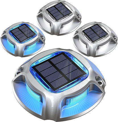 4 Pack Solar Deck Lights Outdoor, Blue+White Solar Powered Driveway Lights, IP68 Waterproof Solar Dock Lights Warning Step Lights, Sidewalk Marker Lights for Path Stair Dock Garage