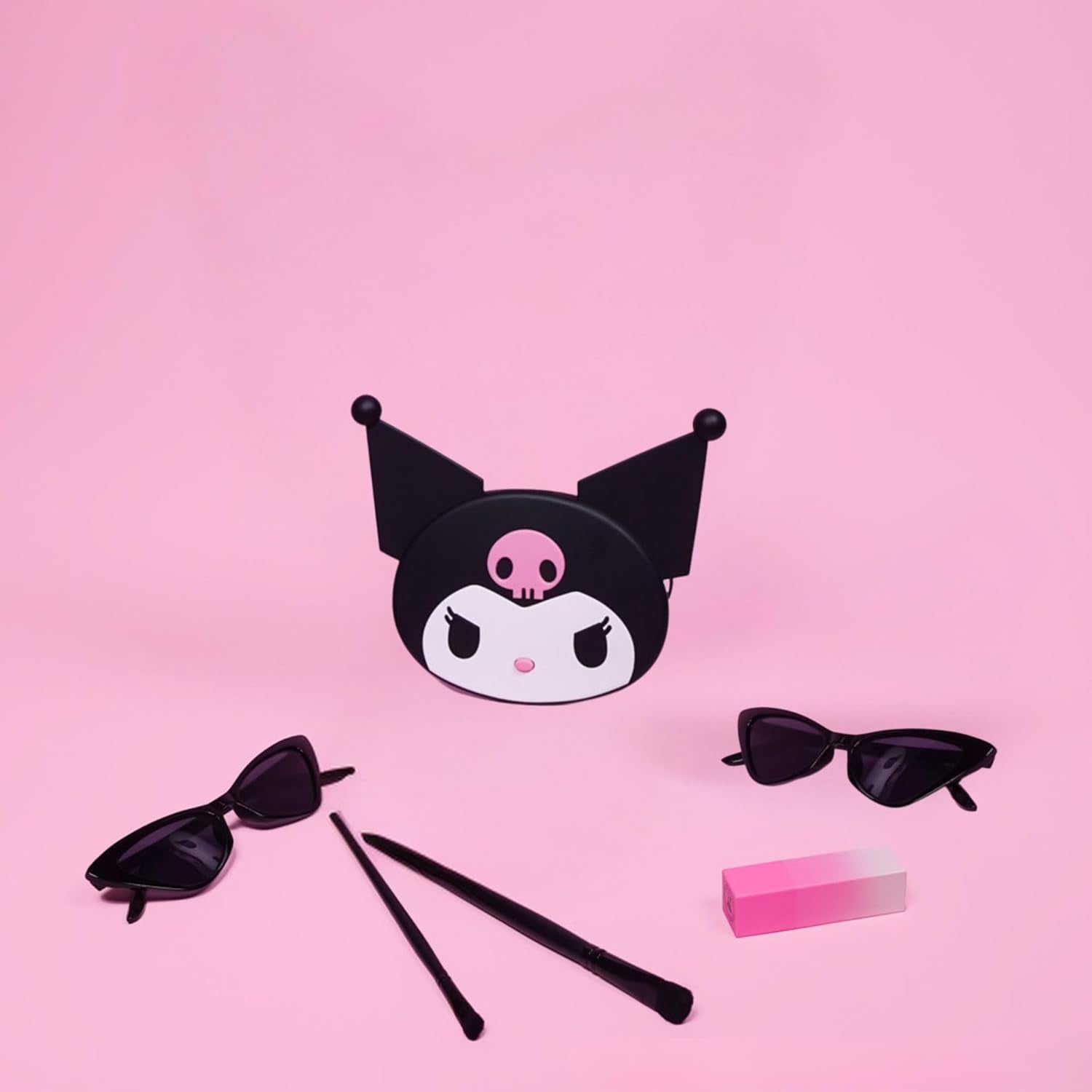 Impressions Vanity Kuromi LED Compact Mirror for Purse, Travel Lighted Makeup Mirror with 3X Magnification, Adjustable Brightness, Soft Touch Sensor Button, and Kuromi Figural Shaped Design