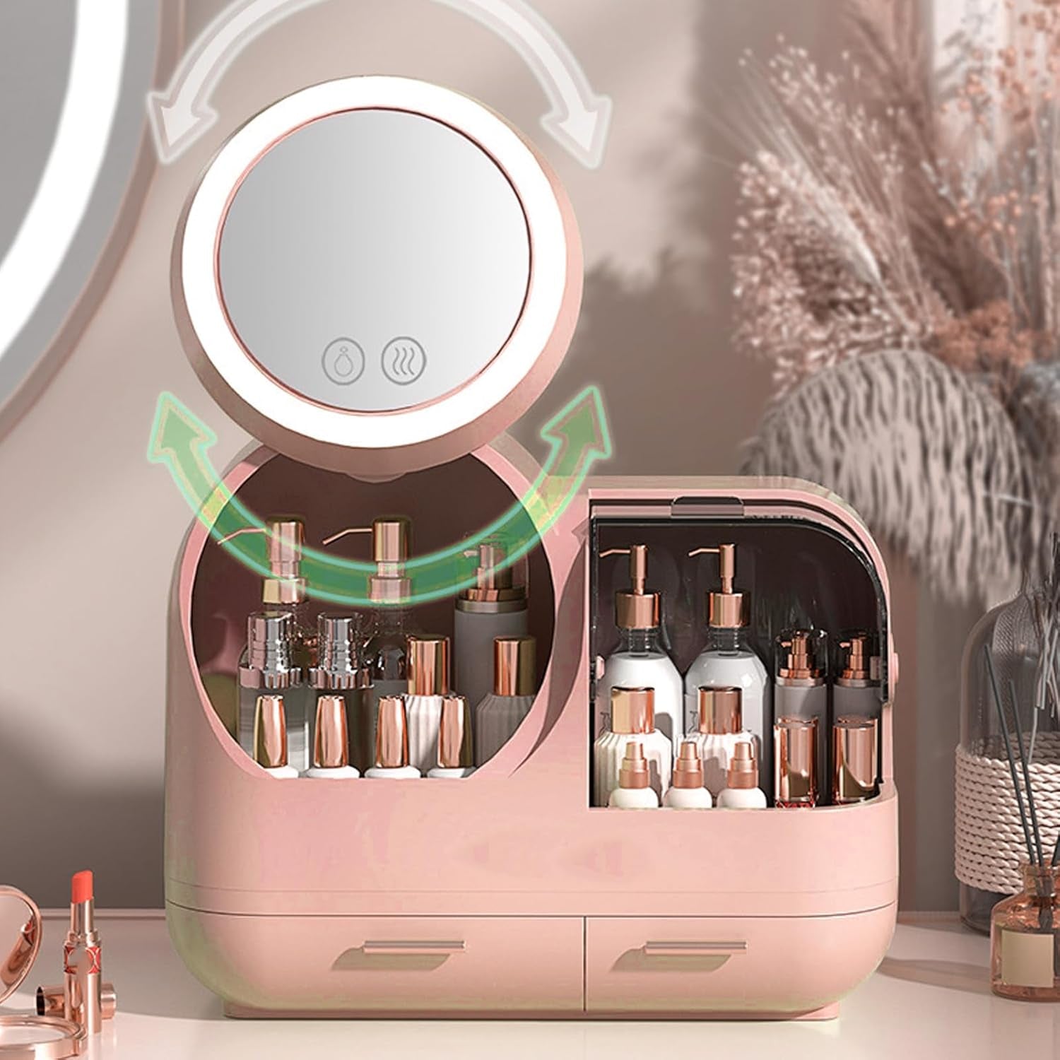 Mirror Fan Makeup Case, Portable Makeup Organizer with Mirror and LED Light, Cosmetic Storage Display Case,Large Capacity Mirror Makeup Storage Box for Women ()