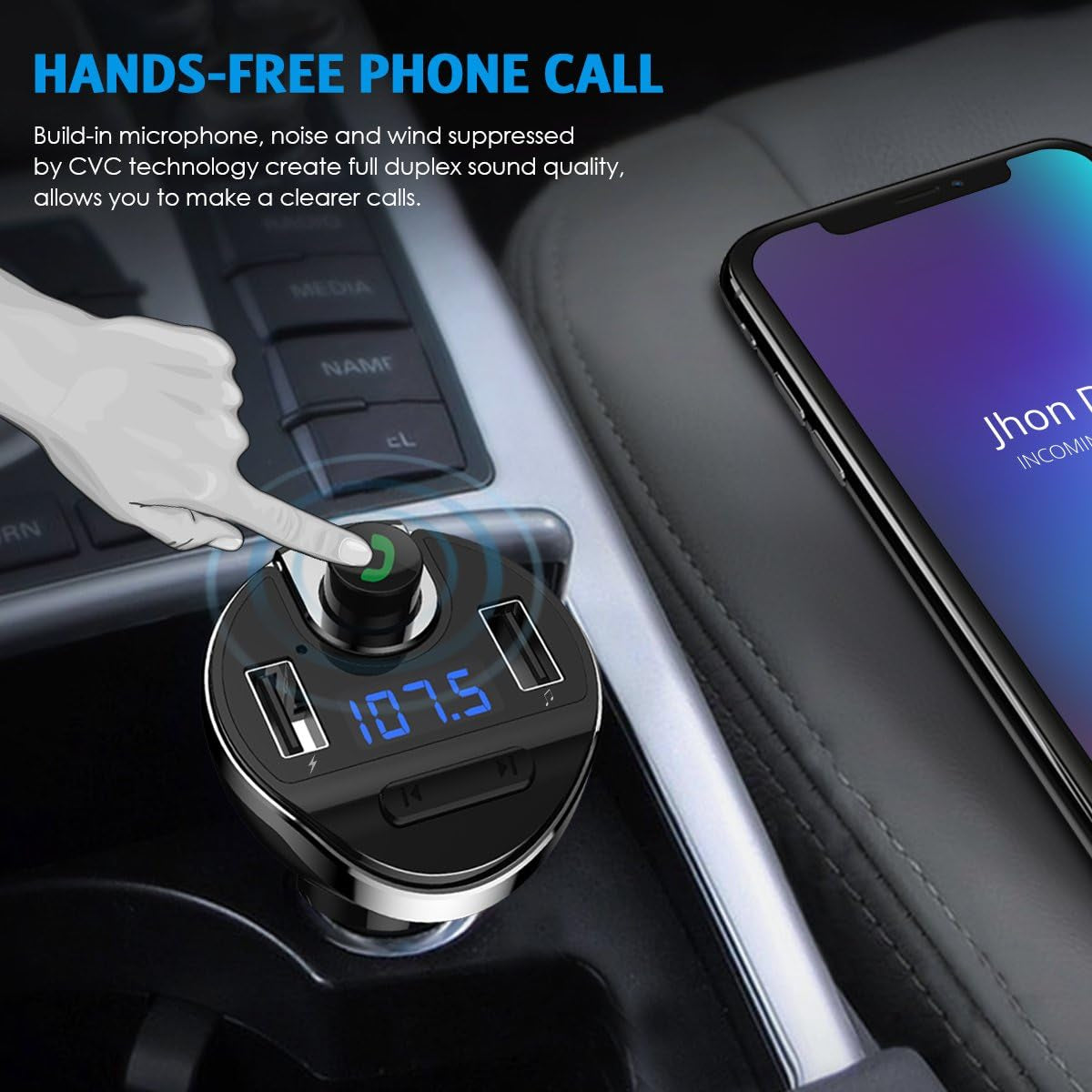 Aux Bluetooth Adapter for Car, Handsfree Call Dual Ports Charger, FM Radio Transmitter Receiver, Mp3 Audio Wireless Music Player HI-FI Stereo Sound Compatible for All Cars and Smartphone