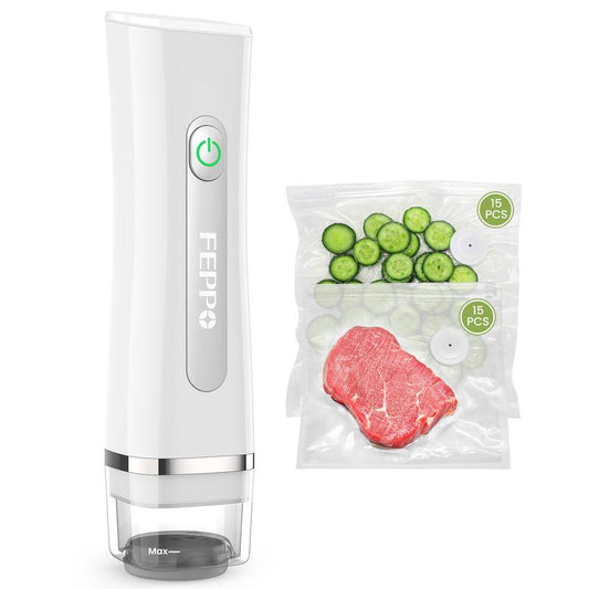 FEPPO Vacuum Sealer for Food with Visual Water Storage Tank, Handheld Saver Vacuum Sealer Machine with 30 Reusable Bags for 6X Preservation & Fresh