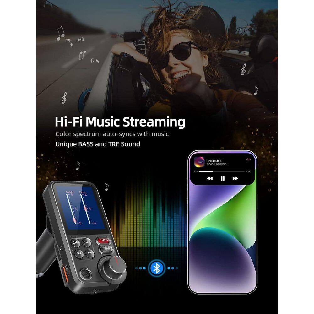Bluetooth FM Transmitter Car Adapter with Microphone and 1.8 Screen for QC3. 0 Charging, Treble Bass Music Player