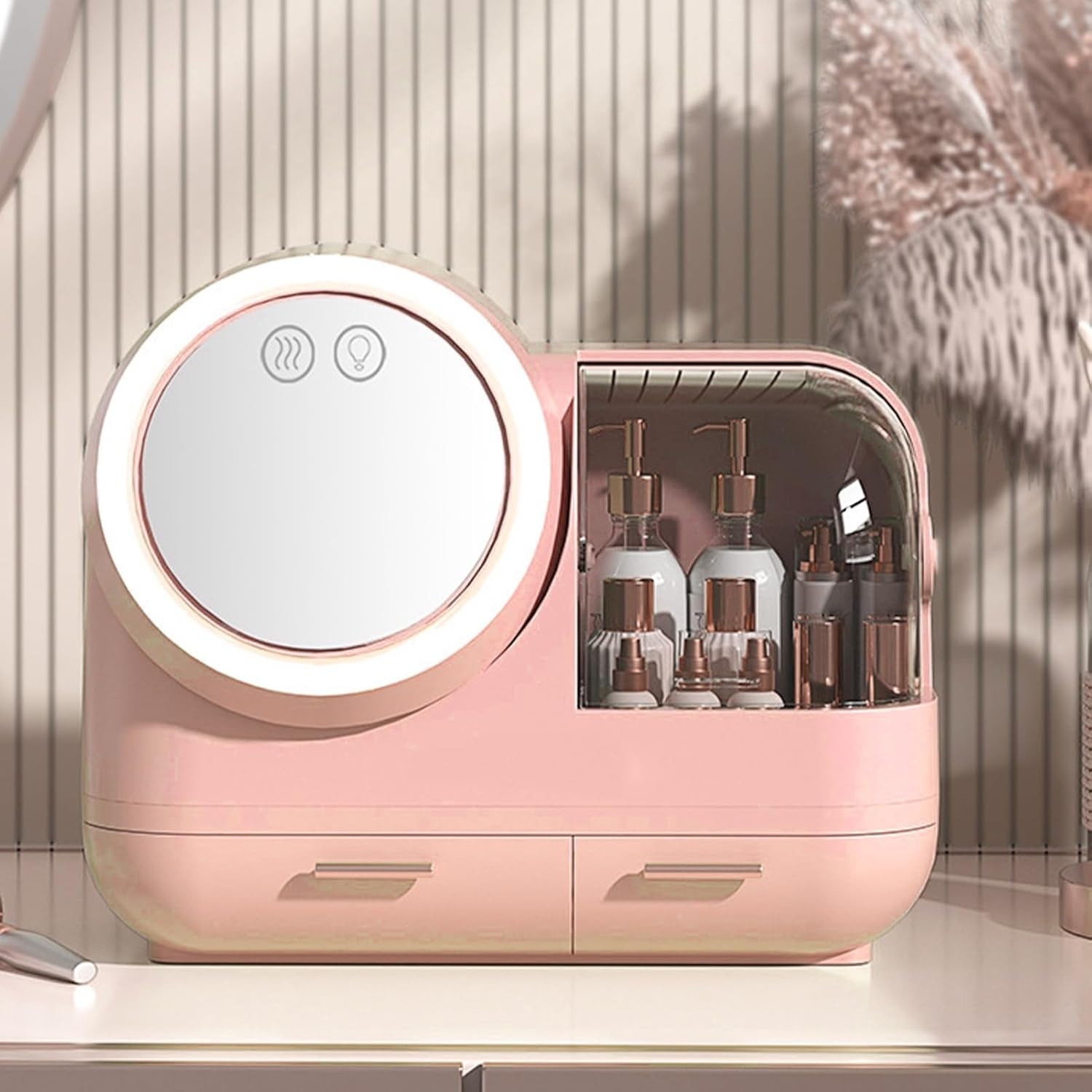 Mirror Fan Makeup Case, Portable Makeup Organizer with Mirror and LED Light, Cosmetic Storage Display Case,Large Capacity Mirror Makeup Storage Box for Women ()