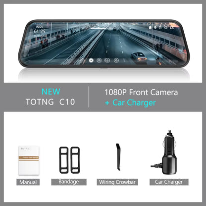 10-Inch for Car Touch Screen Video Recorder Rearview Mirror Dash Cam Front and Rear Camera Mirror DVR （Rear Camera Optional）