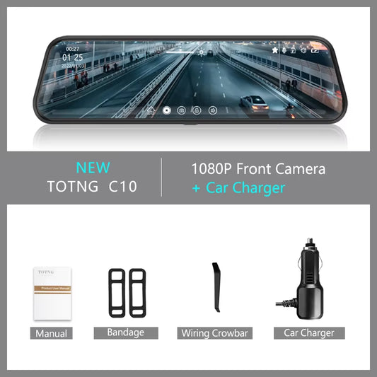 10-Inch for Car Touch Screen Video Recorder Rearview Mirror Dash Cam Front and Rear Camera Mirror DVR （Rear Camera Optional）
