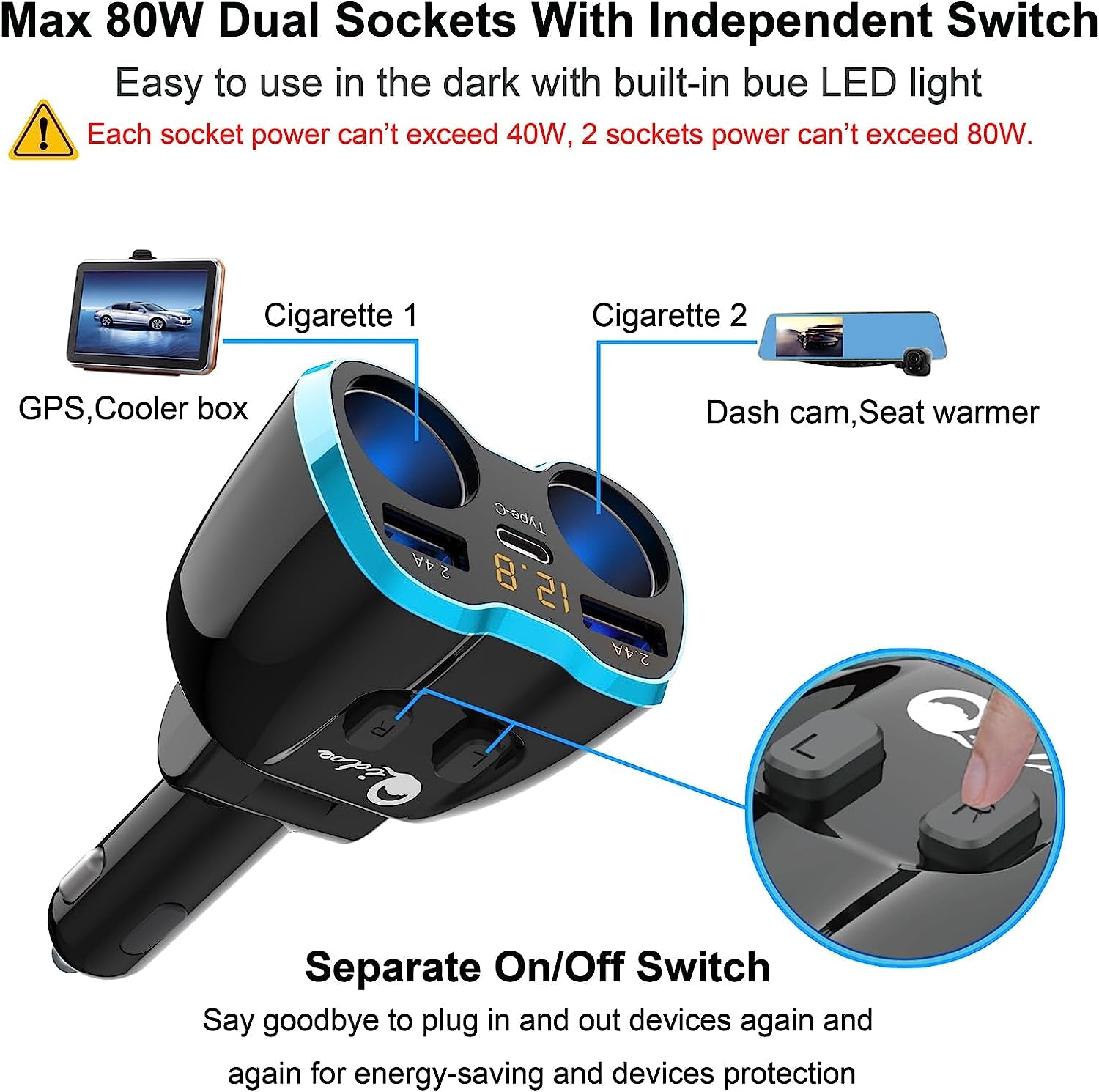 Cargador De Carro Adaptador 2 Socket 2.4A 2 Usb Coche Para Phone Tablet