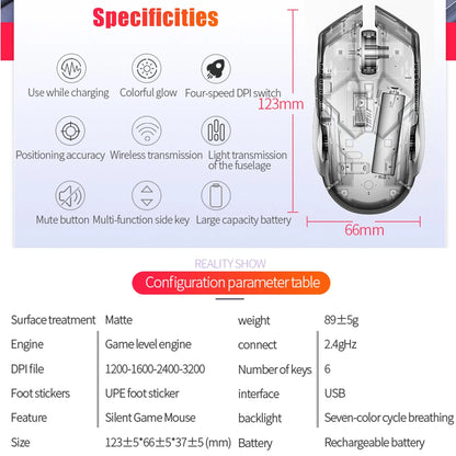 Rechargeable Wireless Gaming Mouse,2.4G LED Optical Silent Wireless Computer Mouse with 7 LED Light,4 Adjustable DPI 1200/1600/2400/3200,Ergonomic Design Wireless Mouse for Laptop(Silver)
