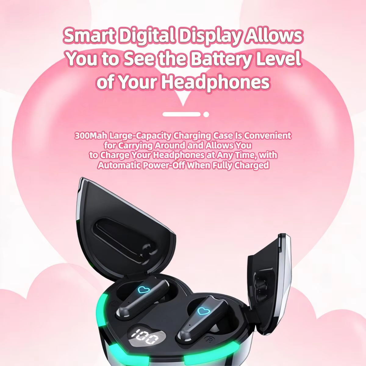 Cute Heart-Shaped TWS Bluetooth Earbuds Digital Display Wireless Stereo Sound Earphones for Couple Girls Birthday Holiday Gifts
