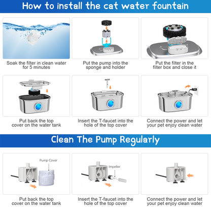 Cat Water Fountain Stainless Steel,  108Oz/3.2L Pet Fountain with Water Level Window,Automatic Water Dispenser for Cats and Dogs, Electric Drinking Bowl Suitable for Multiple Pets, Silver