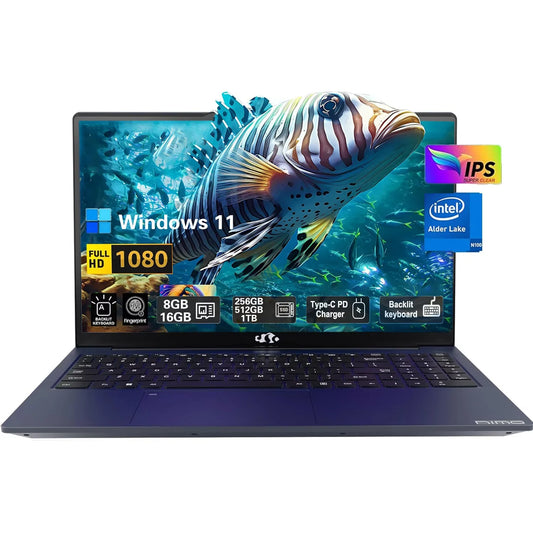 15.6'' FHD High-Performance Blue Laptop Computer, Windows 11, Intel N100 Processor (Up to 3.4Ghz), 16GB RAM, 512GB SSD, Type-C 65W PD Fast Charger, Backlit Keyboard, Fingerprint, 2-Year Warranty
