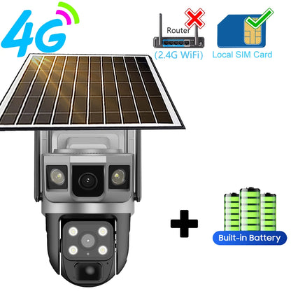 Dual Lens 4G Solar Camera Outdoor Waterproof IP CCTV Cameras Smart Home Security Protection 360 PTZ Video Surveillance Wireless