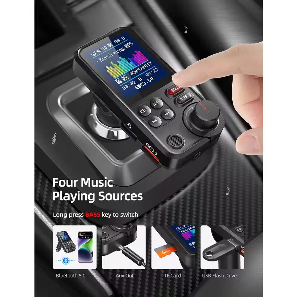 Bluetooth FM Transmitter Car Adapter with Microphone and 1.8 Screen for QC3. 0 Charging, Treble Bass Music Player