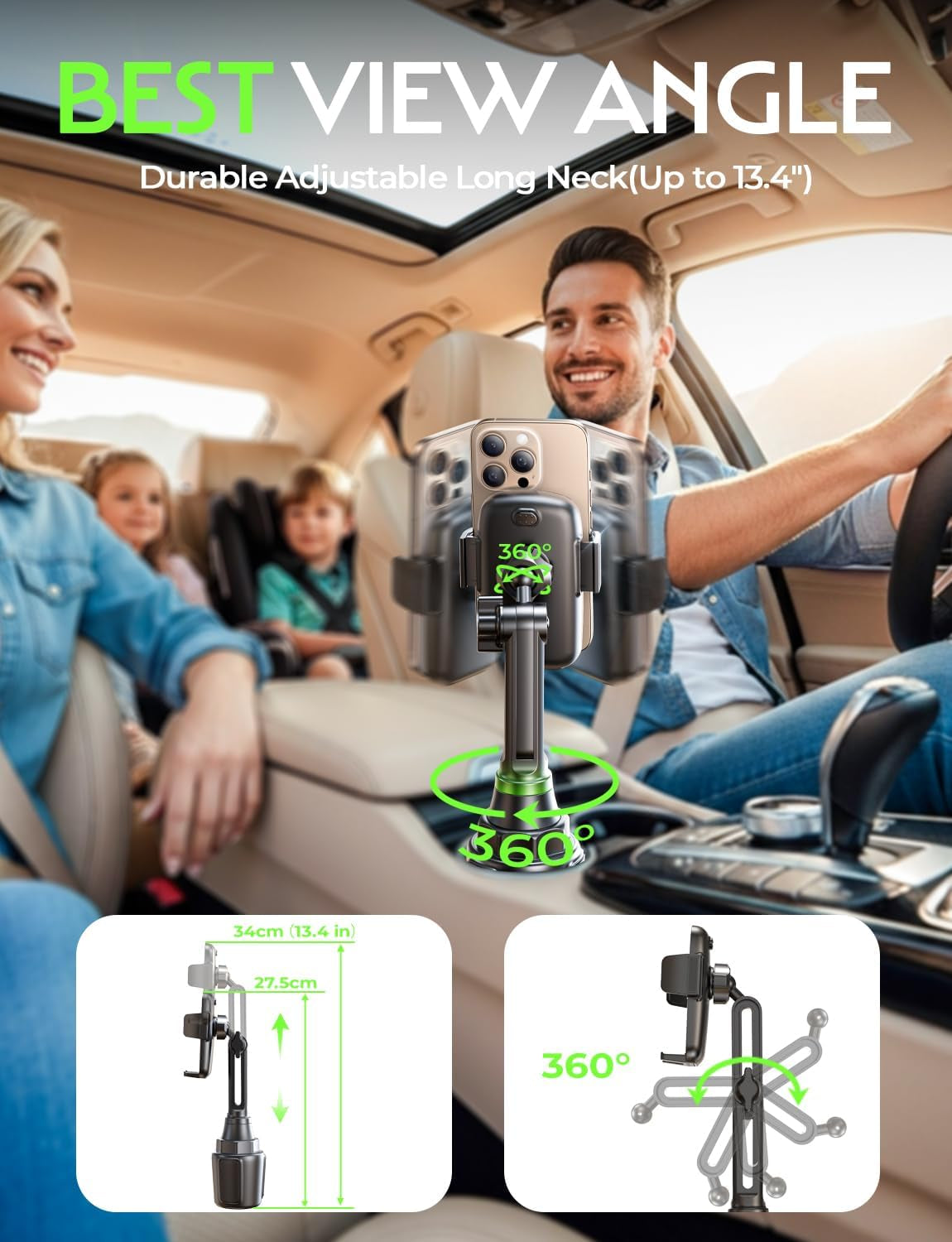Upgraded Version Cup Phone Holder for Car 360° Adjustable Long Neck Car Phone Mount Cradle Friendly Golf Cart Phone Holder, Truck Jeep Accessories for Iphone Samsung Google and All 4-17'' Phone