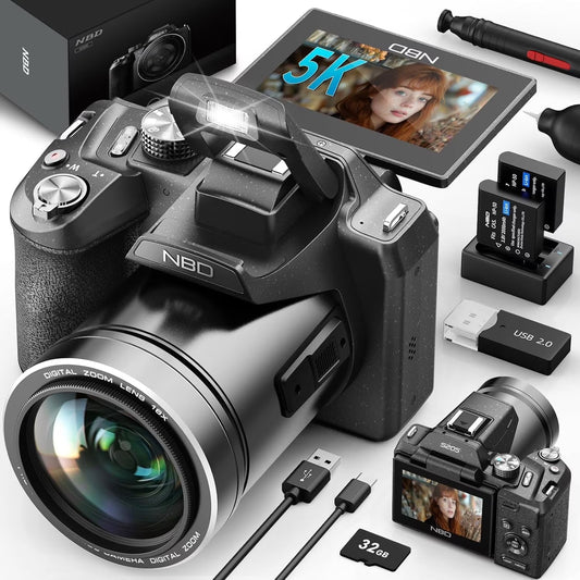 64MP 5K Autofocus Digital Camera with Wifi and App Control, 16X Zoom, Anti-Shake, and Flash – Compact Vlogging and Travel Camera with SD Card and 2 Batteries