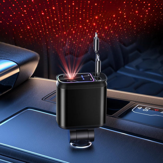 Star Lights Retractable Car Charger with Retractable Cables, Deep Black