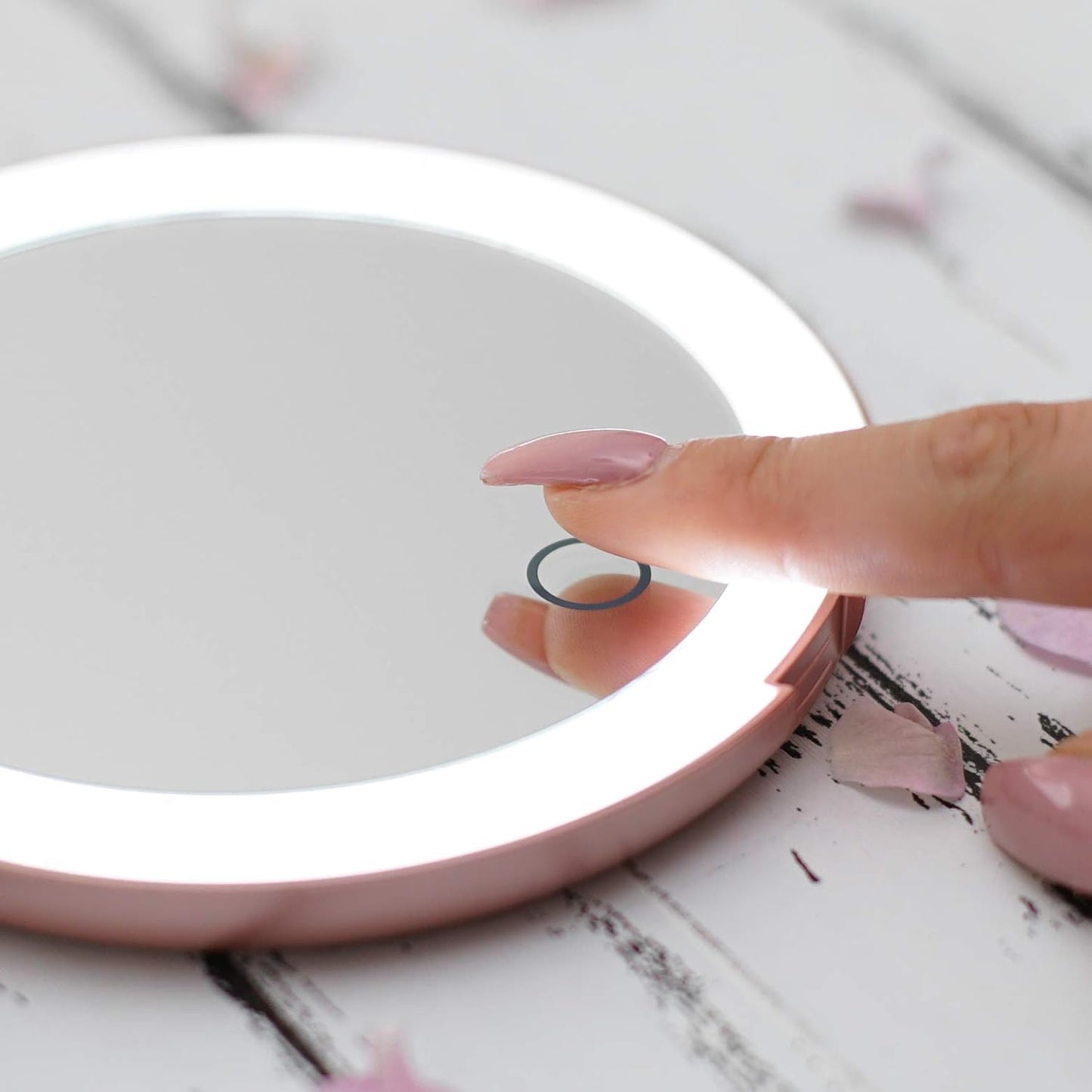 Compact Travel Mirror | Travel Makeup Mirror with Light | LED Lighted Vanity Mirror with 3 Light Modes | 7X Magnification Folding Portable & Rechargeable (Rose Gold)