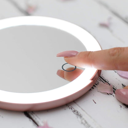 Compact Travel Mirror | Travel Makeup Mirror with Light | LED Lighted Vanity Mirror with 3 Light Modes | 7X Magnification Folding Portable & Rechargeable (Rose Gold)