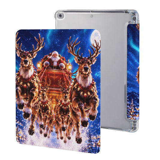 A clear protective iPad COMPATIBLE case with a vibrant Christmas-themed print of Santa Claus in a sleigh pulled by reindeer under a starry night sky, shown from both front and back angles.