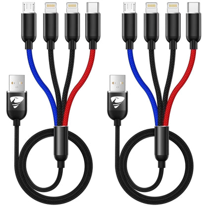 2 Pack Multi Charging Cable, 4 in 1 Multi Phone Charger Cable Fast Charging Cord with USB C, Micro USB Cable Compatible with Iphone/Samsung/Android Phone, Black