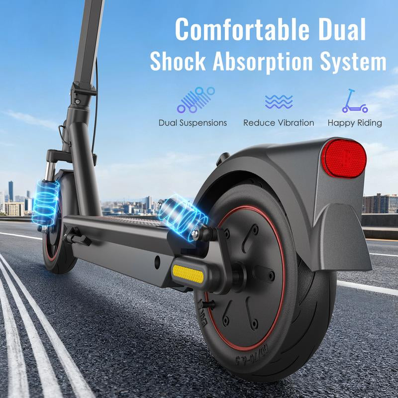 Max Pro Electric Scooter 500W Rear Drive Motor 25MPH Top Speed Dual Hydraulic Suspension 15Ah Large Battery 28 Miles Long Range 5H Fast Charging Foldable Design Smart APP Control Front and Rear Lights Official Warranty
