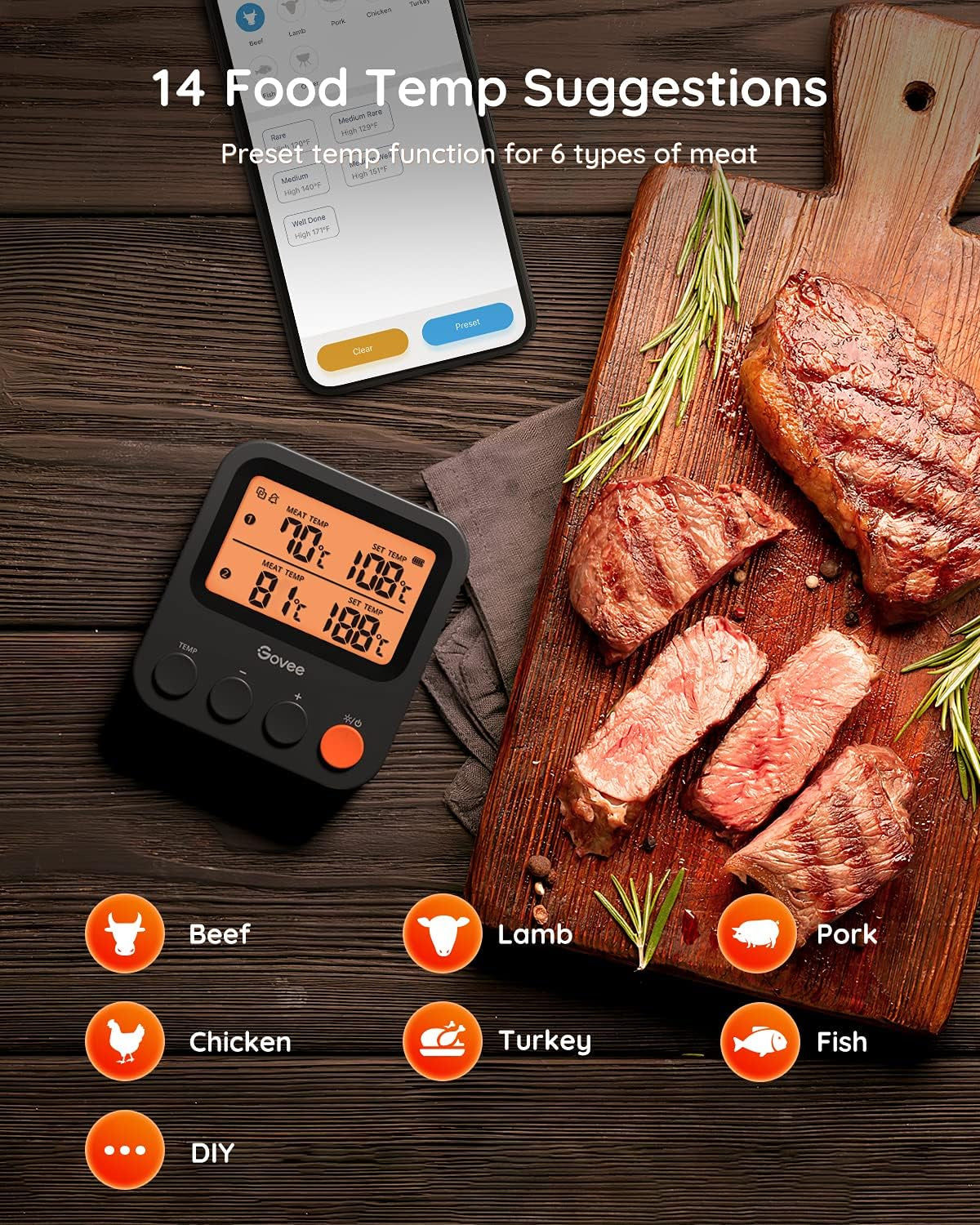 Bluetooth Meat Thermometer, 230Ft Range Wireless Grill Thermometer Remote Monitor with Temperature Probe Digital Grilling Thermometer with Smart Alerts for Smoker Cooking BBQ Kitchen Oven