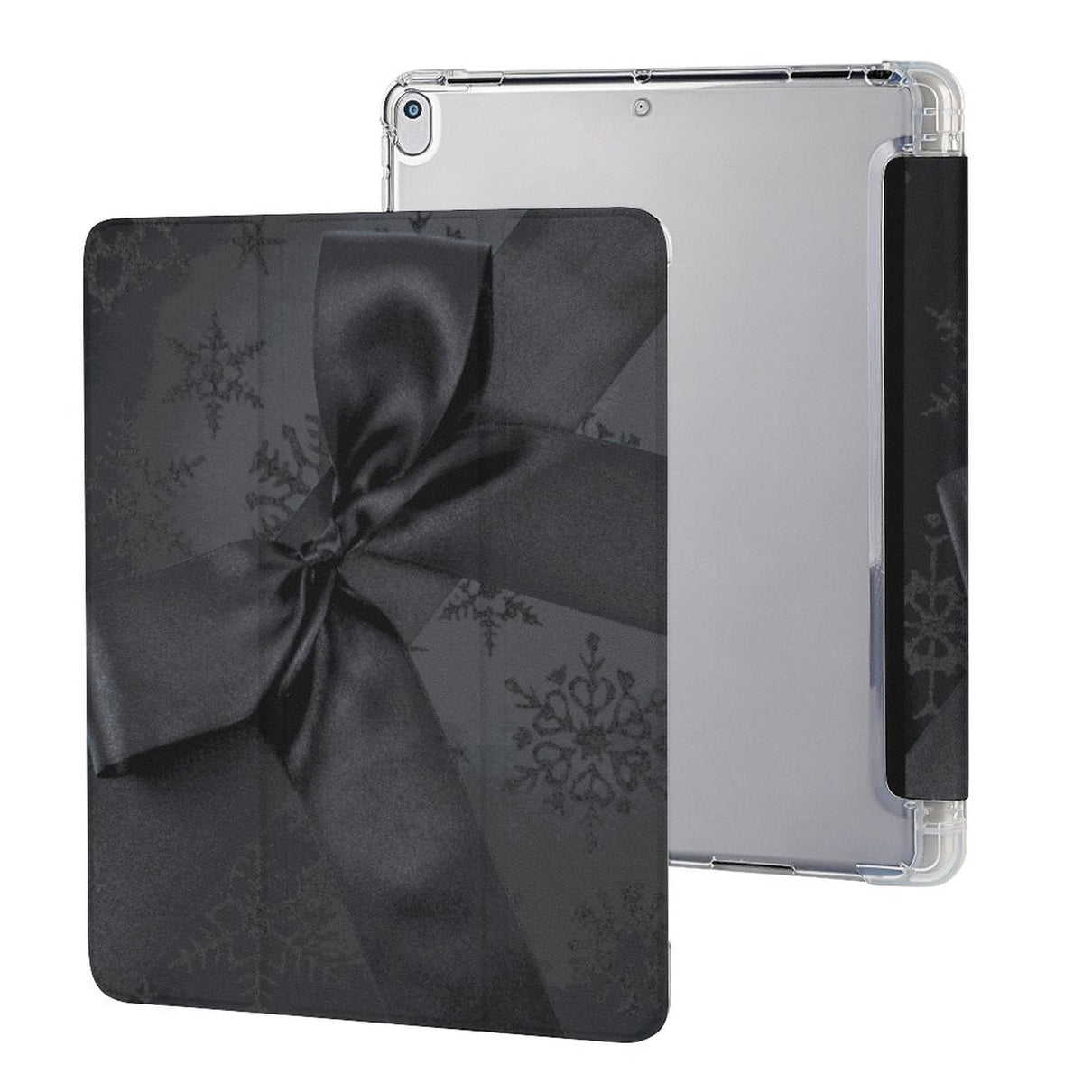 A clear protective case for an iPad, shown from the back and side, featuring a black gift box pattern with a satin ribbon and snowflake design.