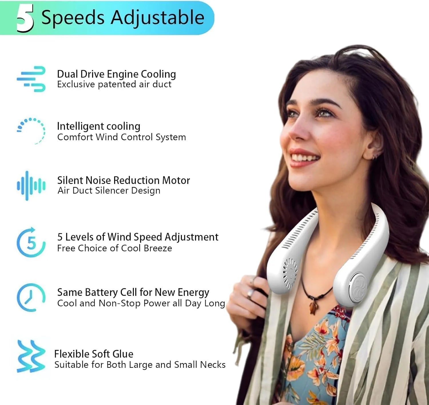 New Portable Neck Fan, Hands Free Bladeless Fan,5 Speeds USB Powered Desk Fan Rechargeable Headphone Design Wearable Personal Fan