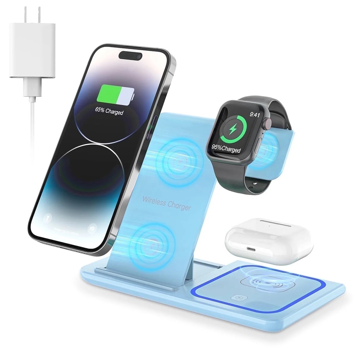 Cshiworld Wireless Charger for Iphone Multiple Devices, 18W 3 in 1 Wireless Iphone Charging Station for Iphone 17 16E 15 14 13 12 11 Pro Max, Iwatch 11 10 9 8 7 6 5 4 3 SE, Airpods 4 3 2 Pro (Blue)